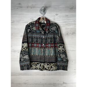 Chico's Design Jacket Womens 1 Black Red Tapestry Jacquard Floral‎ Boho Collared